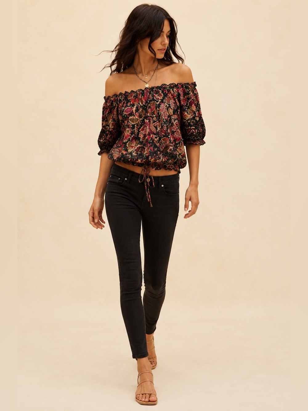 Boho Paisley Peasant Top L Off Shoulder Crochet Trim Festival Blouse